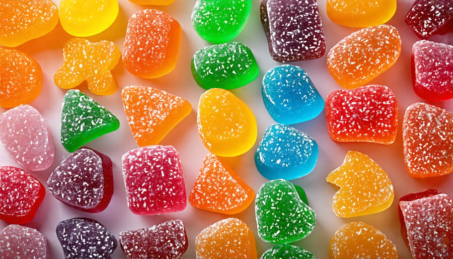 A collection of colorful freeze-dried candies in different shapes on a display