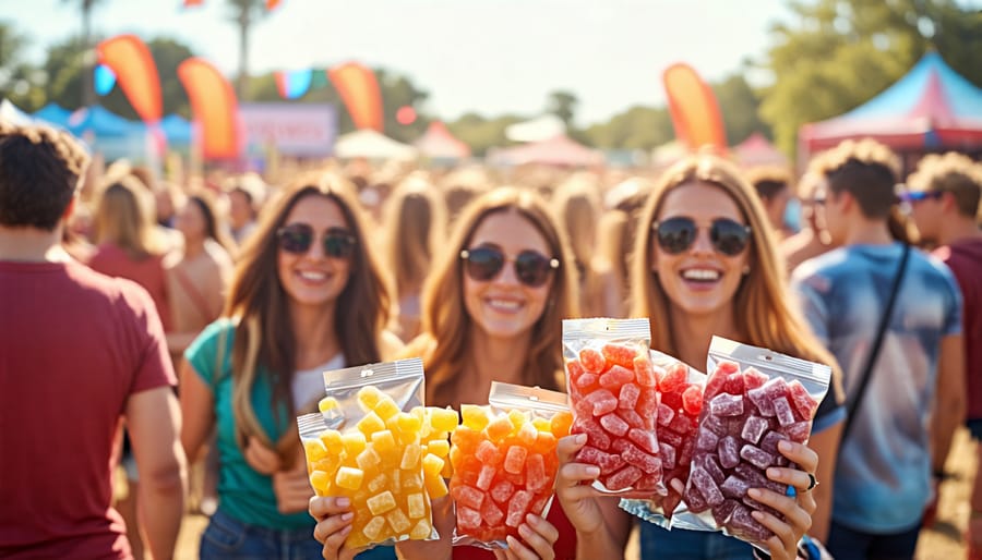 People enjoying freeze-dried candies at a music festival