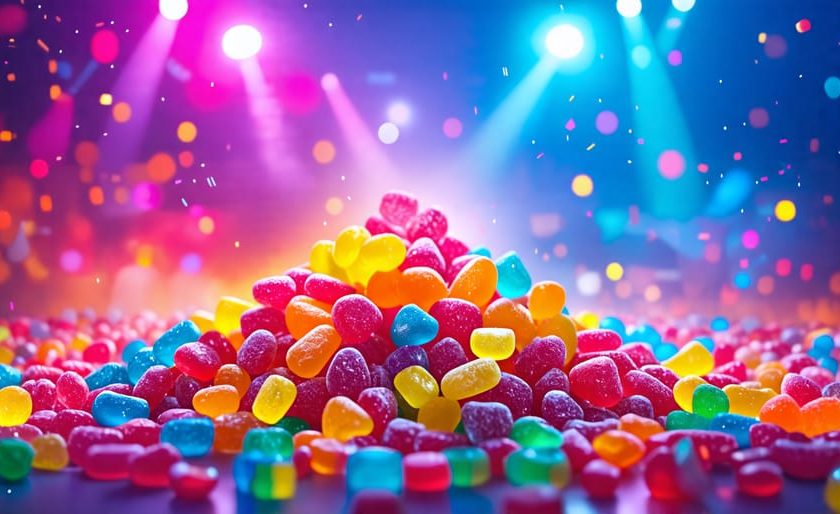 A lively music festival scene featuring vibrant freeze-dried candies spilling from a package with a colorful crowd and lights in the background.