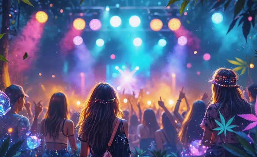 Attendees at a THCA-infused music festival dancing and mingling under vibrant lights, with cannabis leaves and THCA representations subtly integrated into the design.