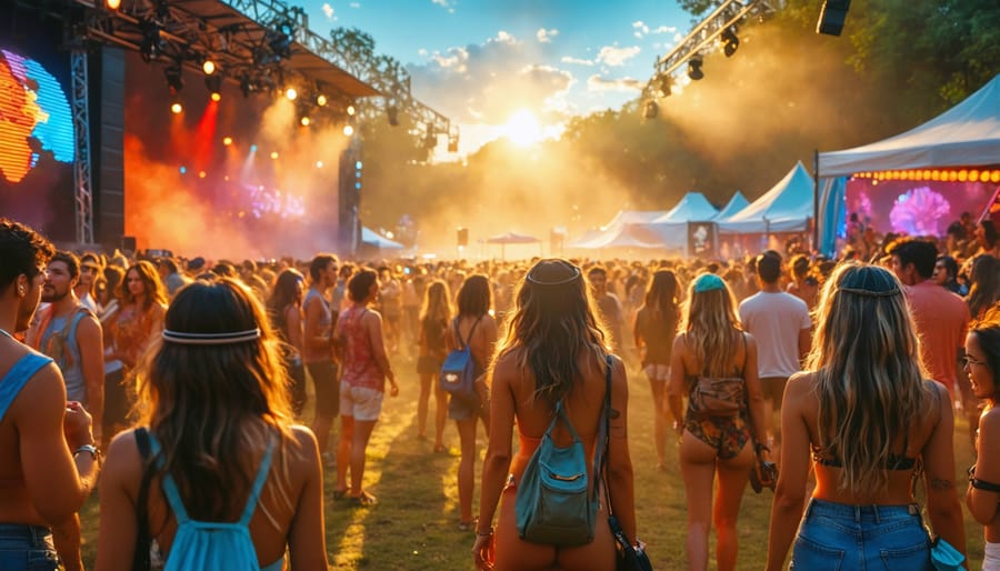 Festival-goers engaging with interactive installations at a THCA-infused music festival