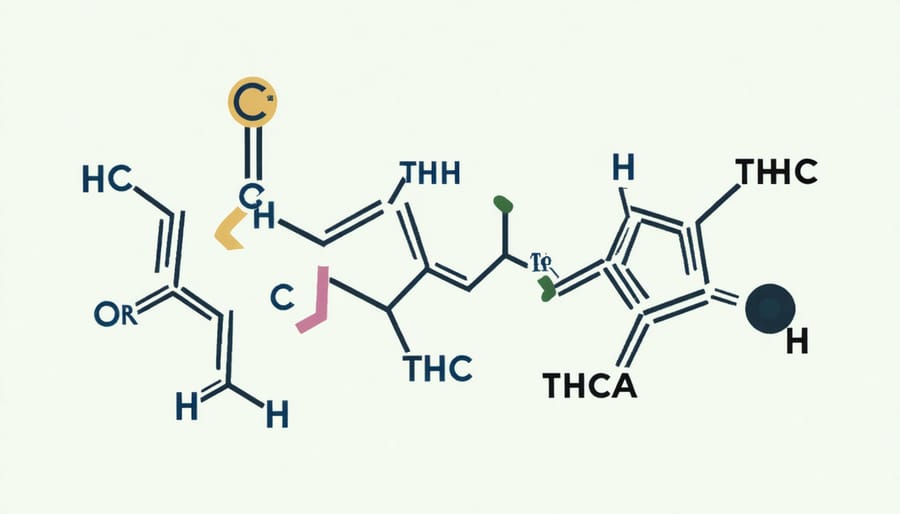 Chemical structure of THCA alongside THC and CBD